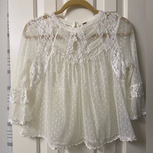 Free People Lace Sheer Boho Dot White Ivory Blouse Size Medium